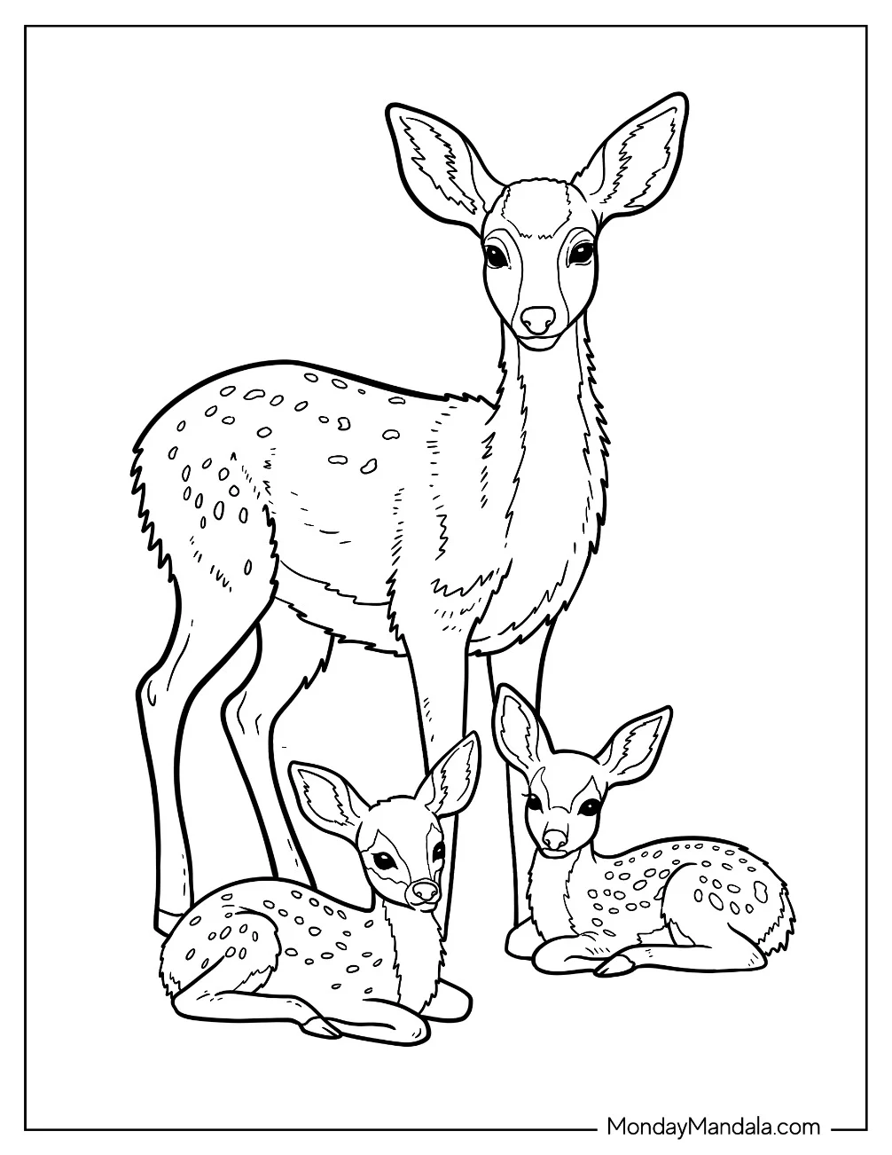 Mama Deer Coloring Page with Two Fawns coloring page — printable line art