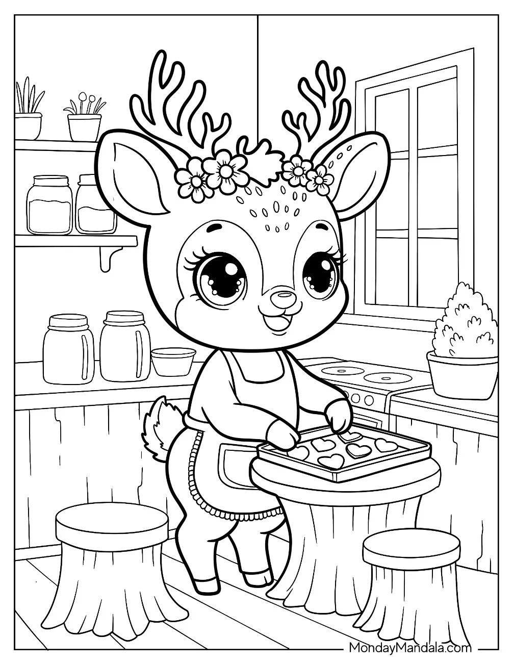 Mother Deer Coloring Page Baking Cookies with Apron and Flower Crown coloring page — printable line art
