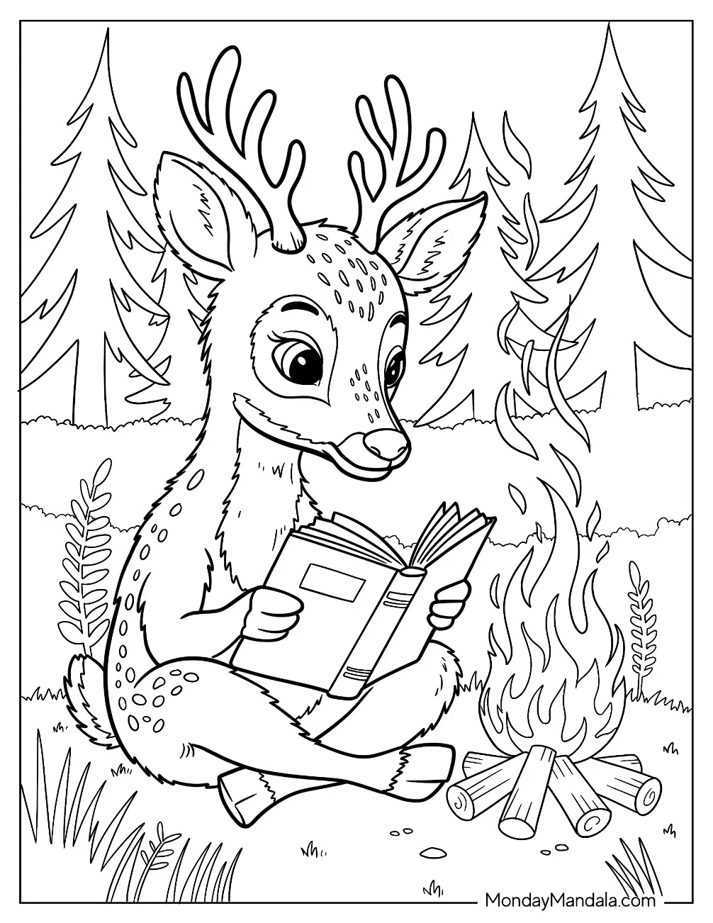 Nerdy Deer Coloring Page Reading Next to a Bonfire coloring page — printable line art
