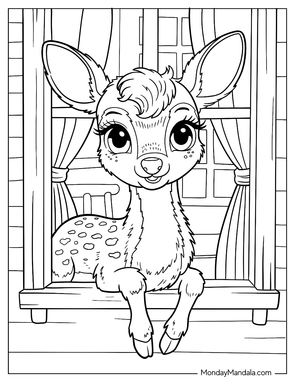 Playful Deer Coloring Page Resting on a Windowsill coloring page — printable line art