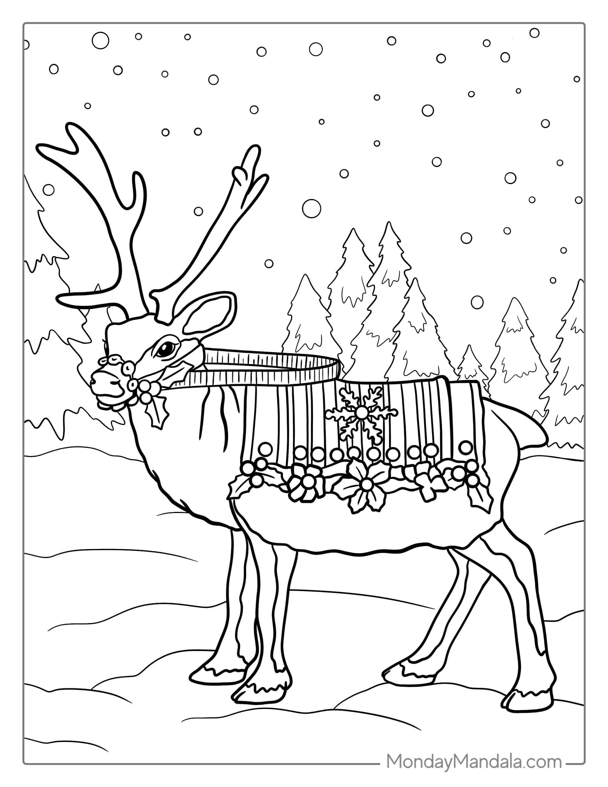 Reindeer Wearing Christmas Coat To Color coloring page — printable line art