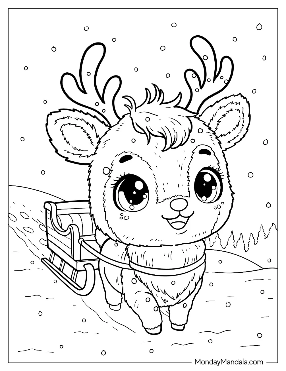 Smiling Little Deer Coloring Page Pulling a Sleigh for Preschoolers coloring page