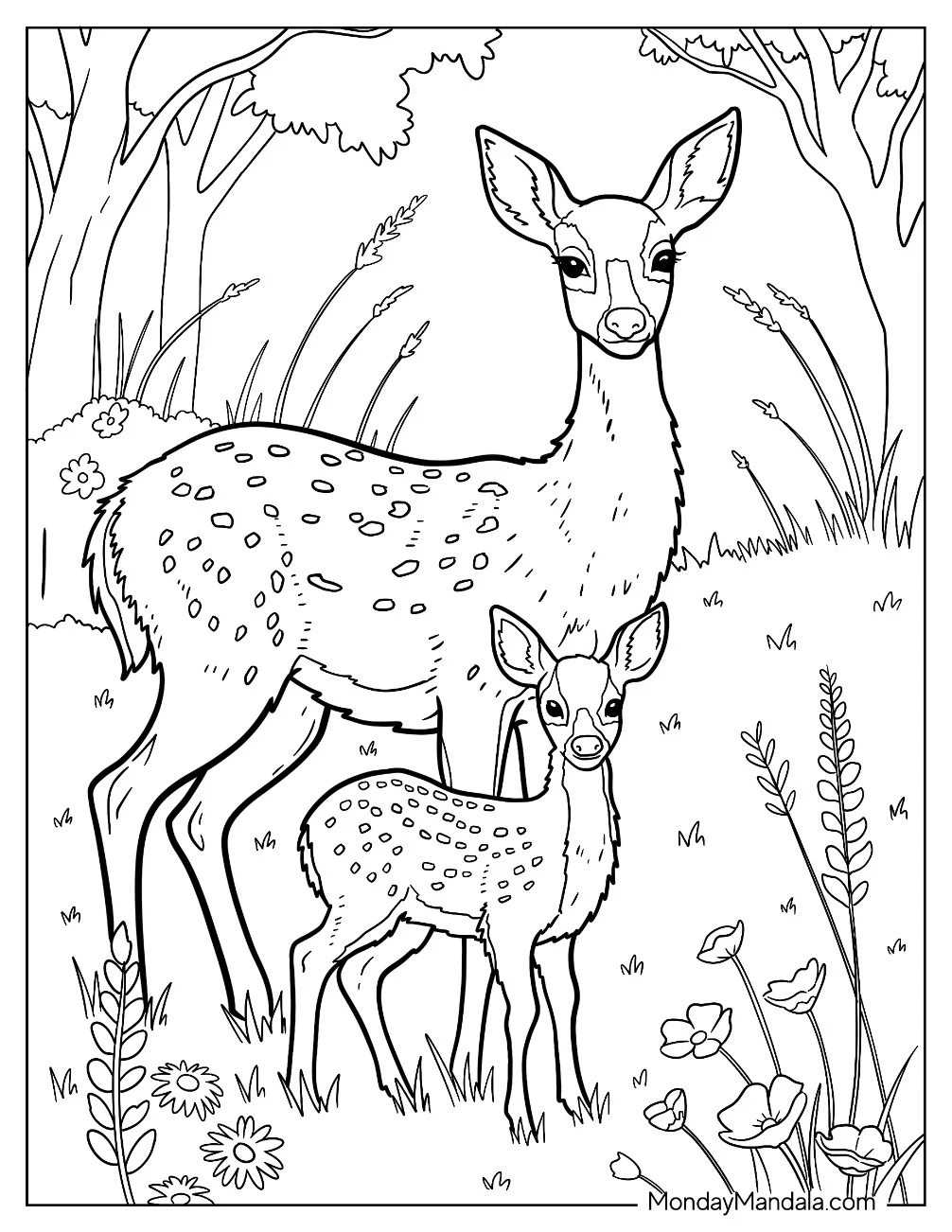 Spotted Mommy Deer Coloring Page with Her Foal coloring page — printable line art