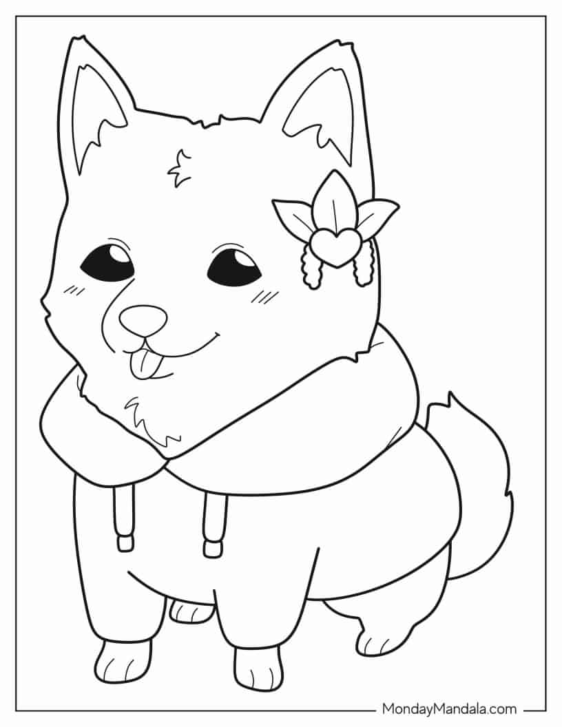 Akita Dog Wearing Sweater For Kids Coloring In coloring page — printable line art