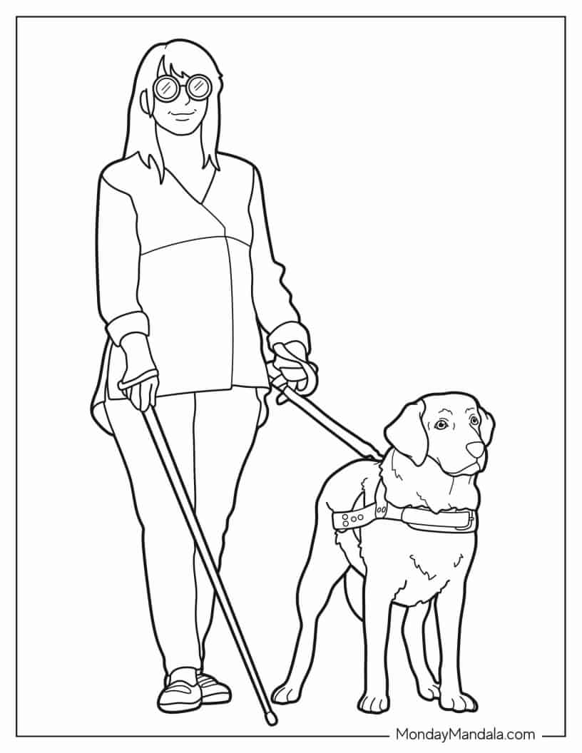 Blind Woman With Her Service Dog To Color coloring page — printable line art