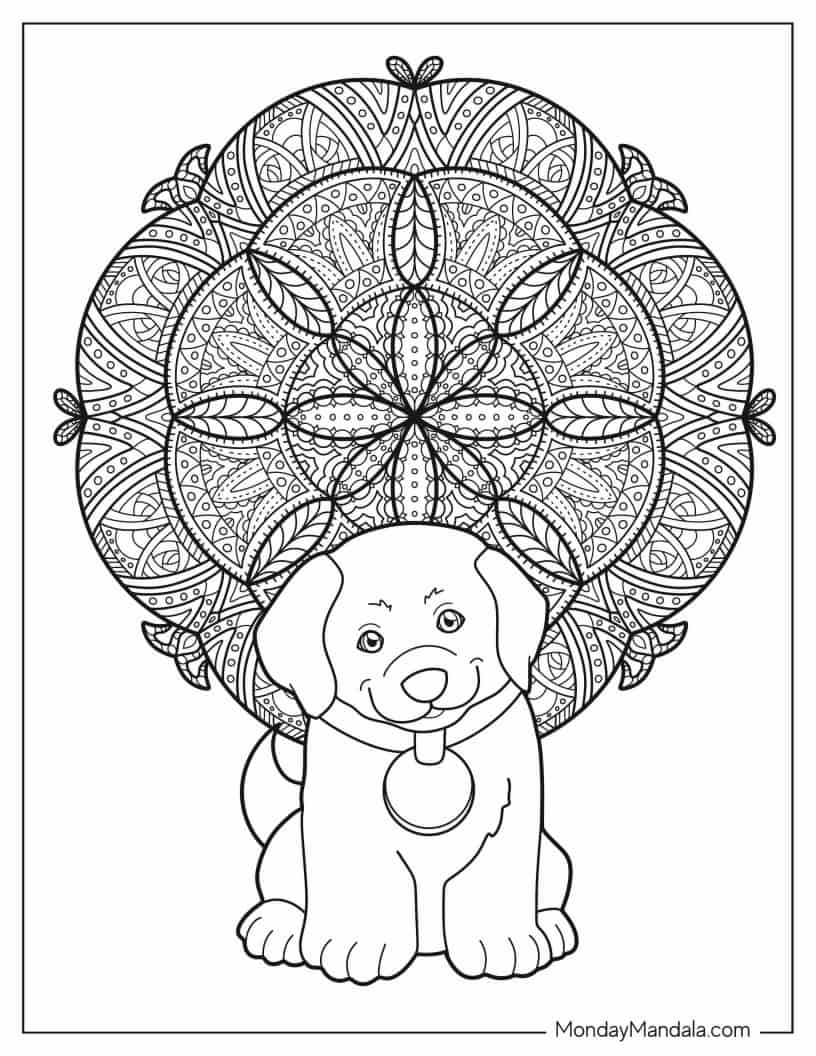 Cartoon Dog With Mandala coloring page — printable line art