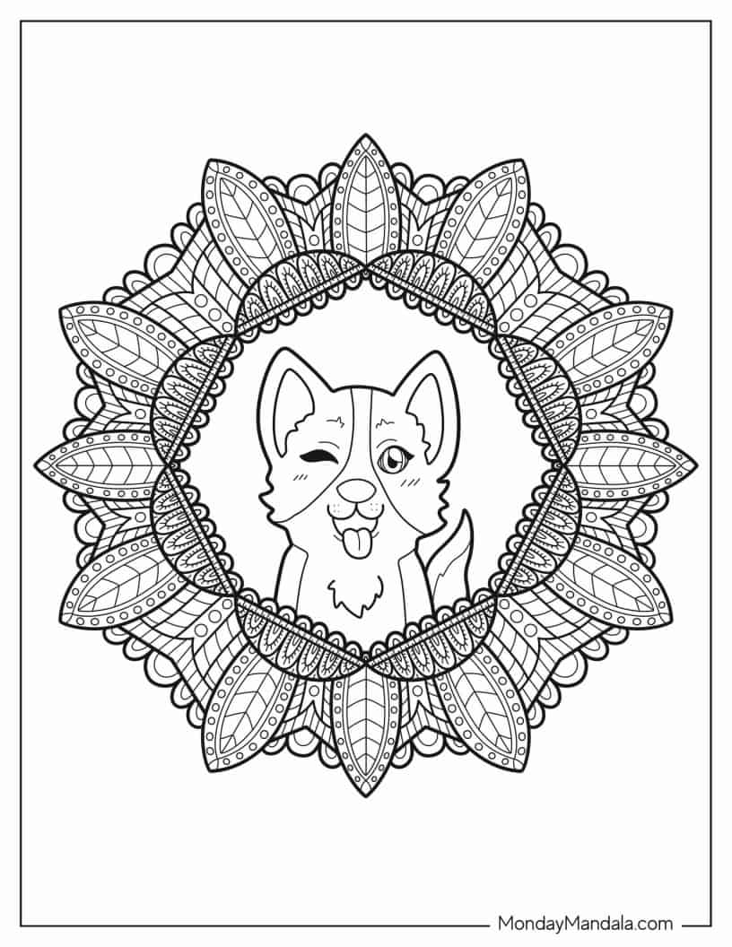 Coloring Page Of Corgi Inside Flower Mandala coloring page — printable line art