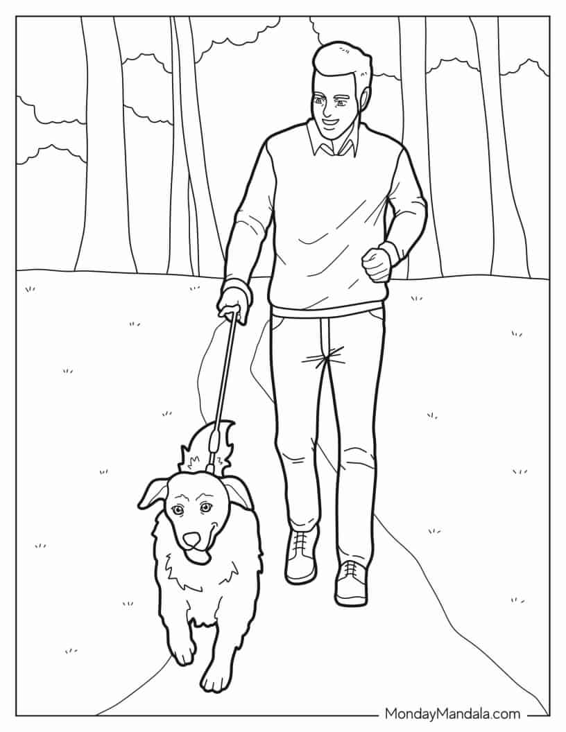 Coloring Sheet Of Man Walking His Dog In Park coloring page — printable line art
