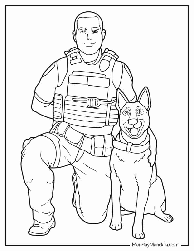 Coloring Sheet Of Police Officer With K-9 Dog coloring page
