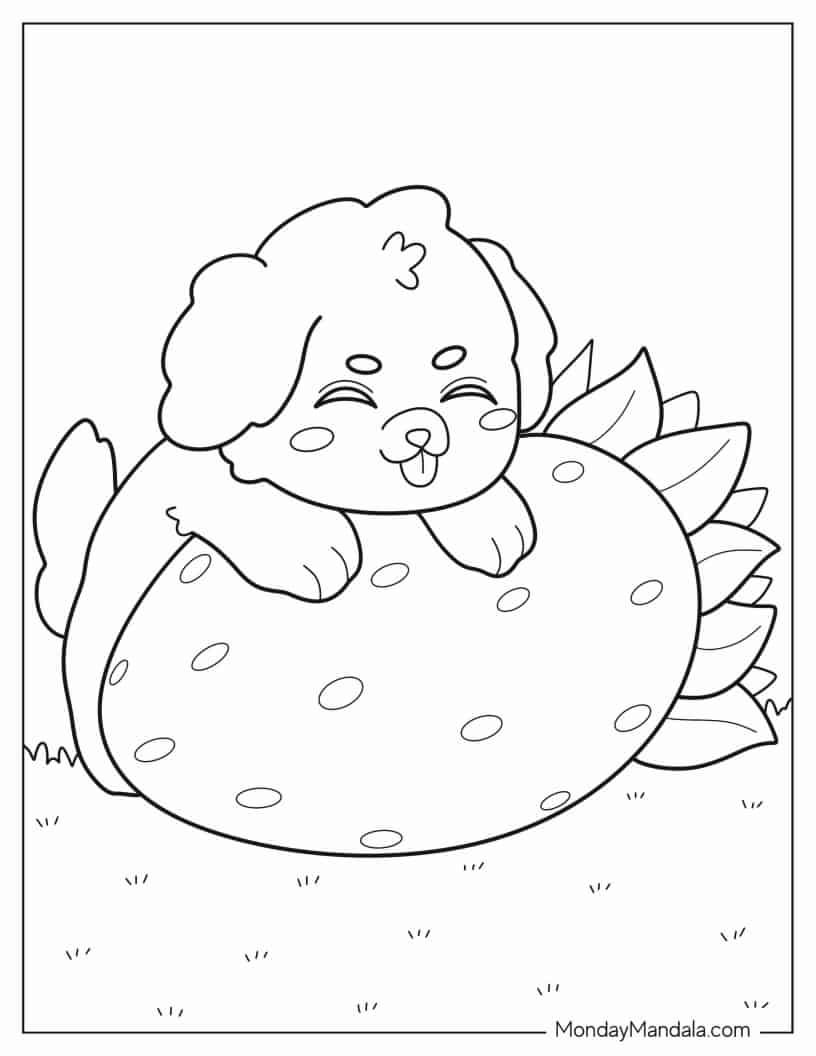 Cute Chibi Dog On Strawberry Coloring Page coloring page — printable line art