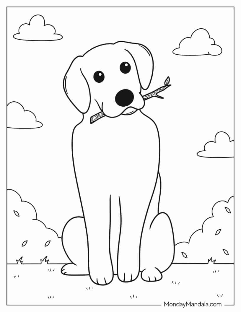 Easy Outline Of Dog With Stick coloring page