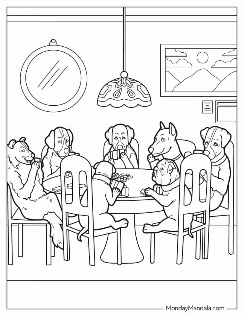 Funny Coloring Page Of Dogs Playing Poker coloring page — printable line art