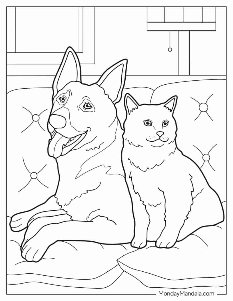 German Shepherd And Cat Sitting On Couch coloring page