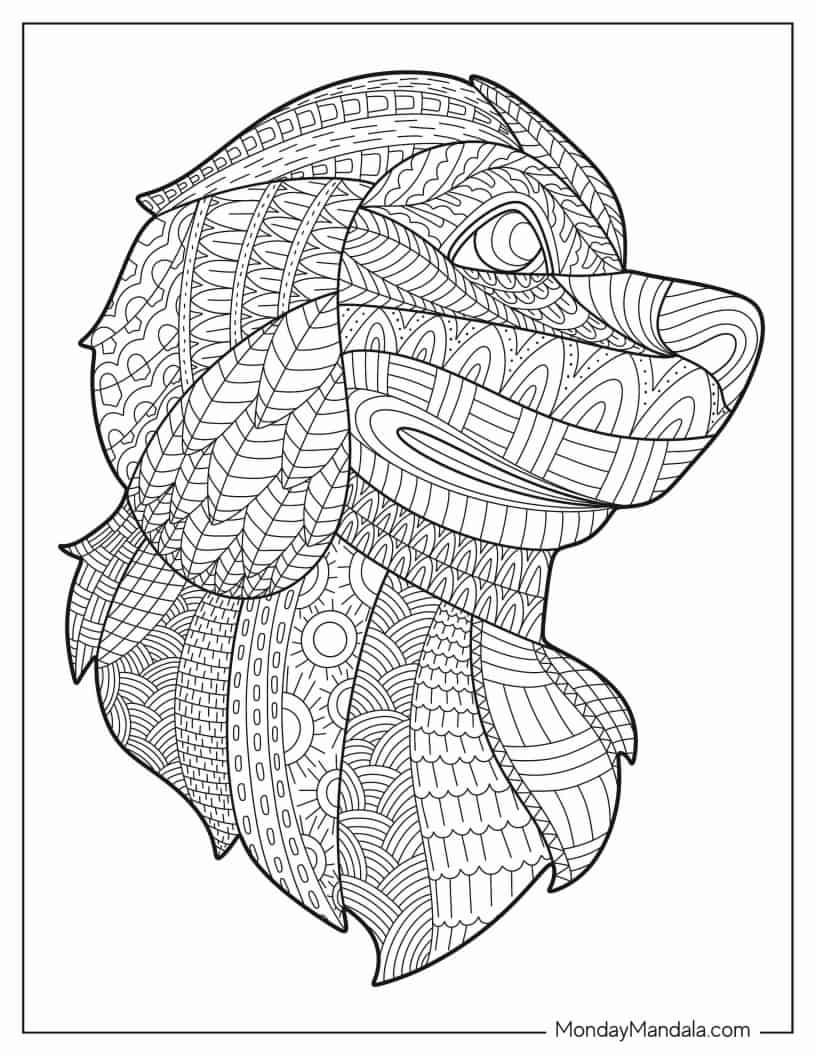 Intricate Dog Face Mandala coloring page — printable line art