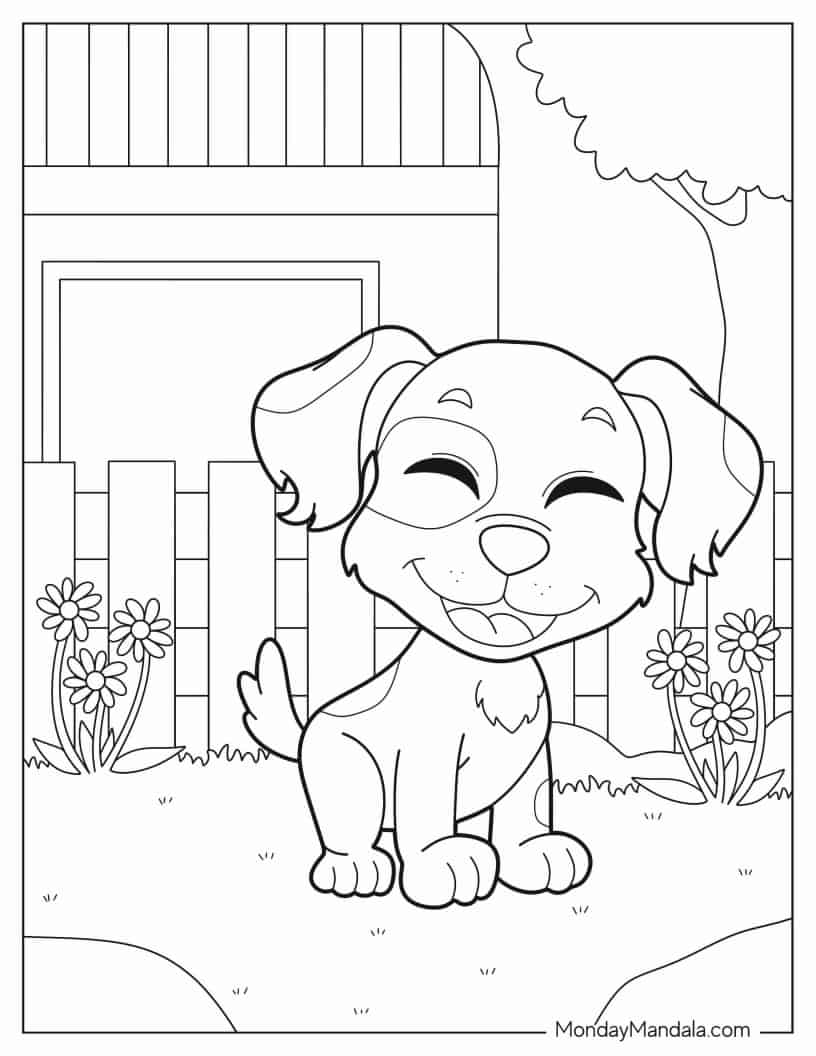 Kawaii Cartoon Dog In Backyard coloring page