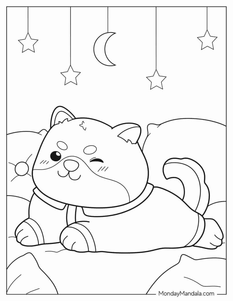 Kawaii Shiba Inu In Pajamas coloring page — printable line art