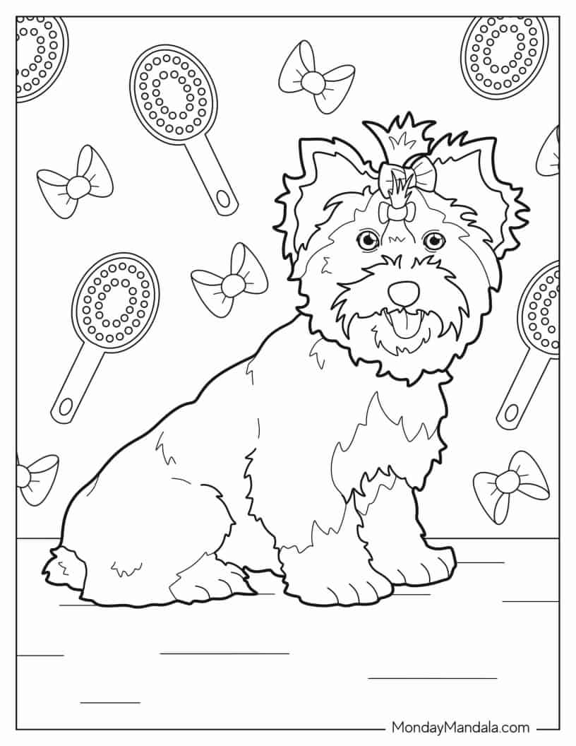 Kawaii Yorkshire Terrier With Ribbon To Color coloring page
