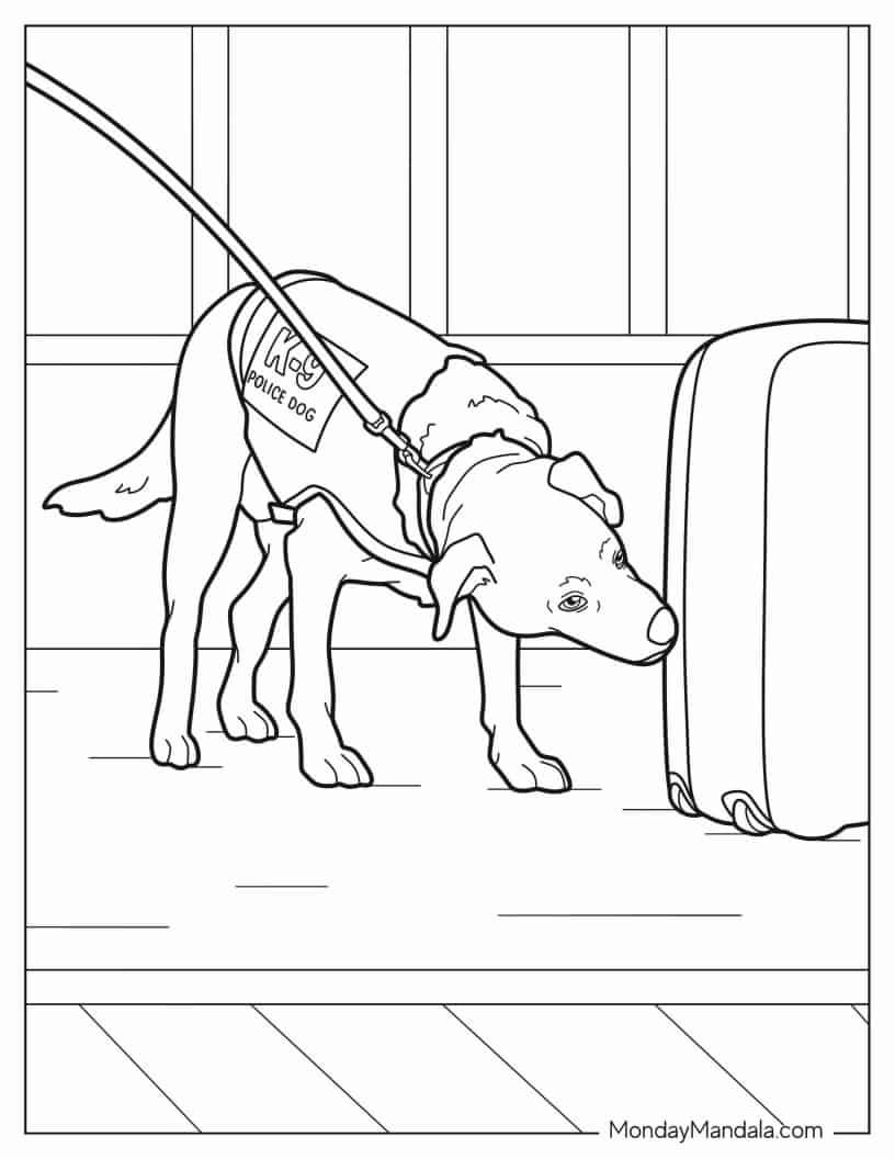 Labrador K-9 Police Dog Sniffing Luggage coloring page — printable line art