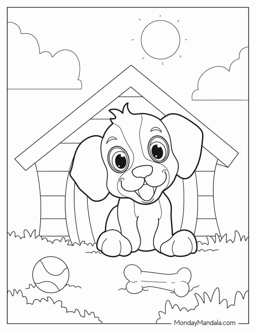 Puppy In Front Of Dog House Coloring Sheet coloring page