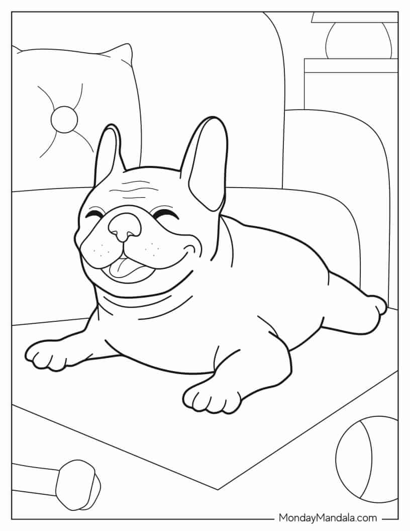 Smiling French Bulldog On Sofa Coloring In coloring page — printable line art