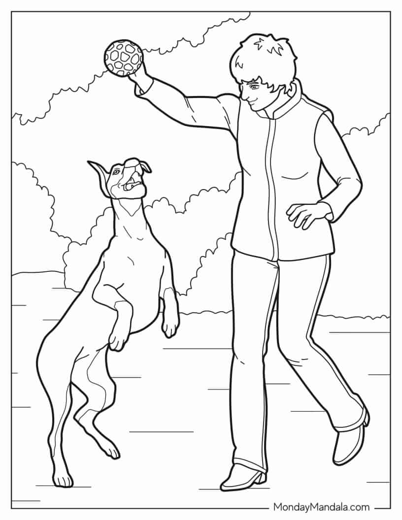 Woman Playing With Large Dog In Park Coloring Sheet coloring page