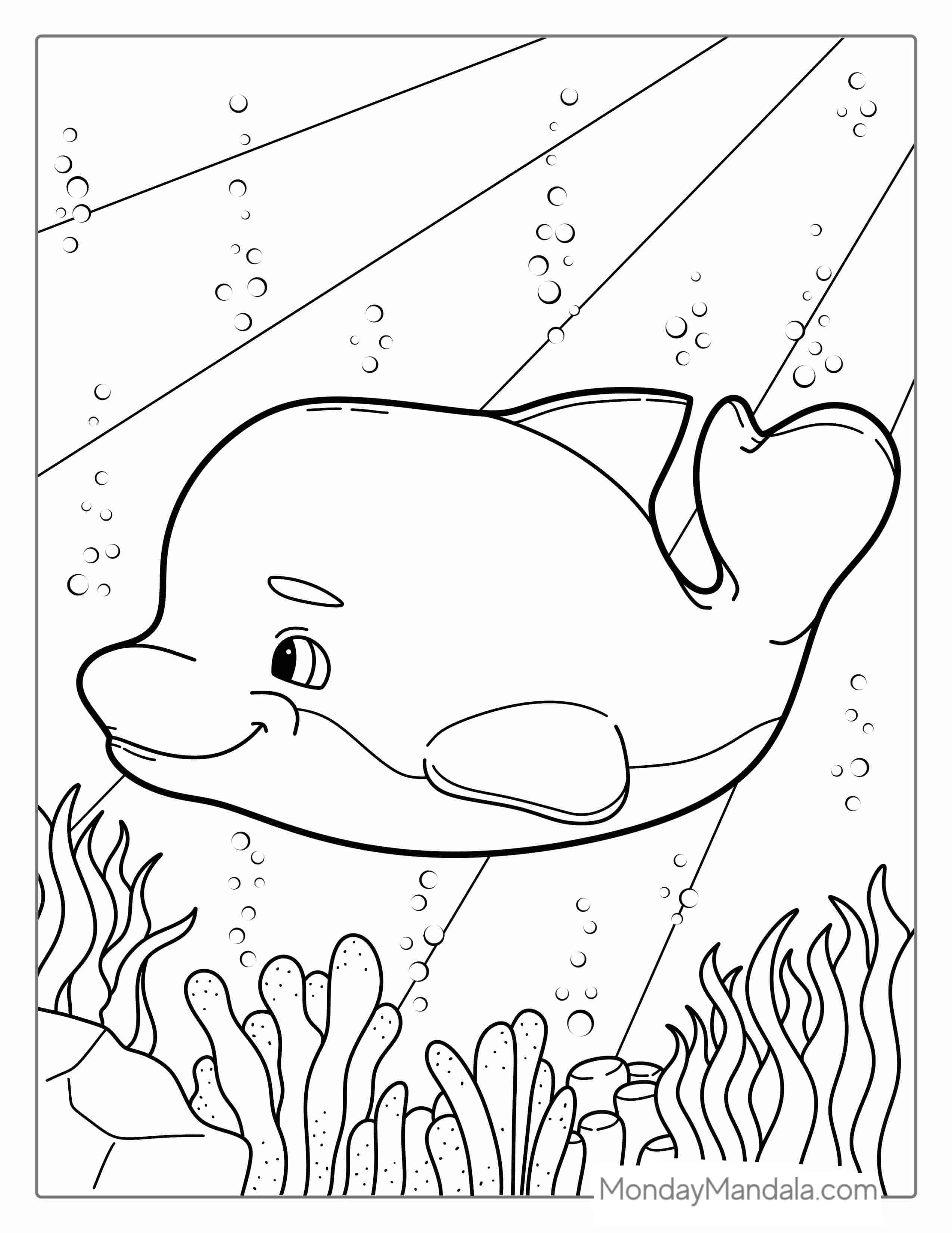 Cartoon Dolphin Swimming In Ocean To Color coloring page