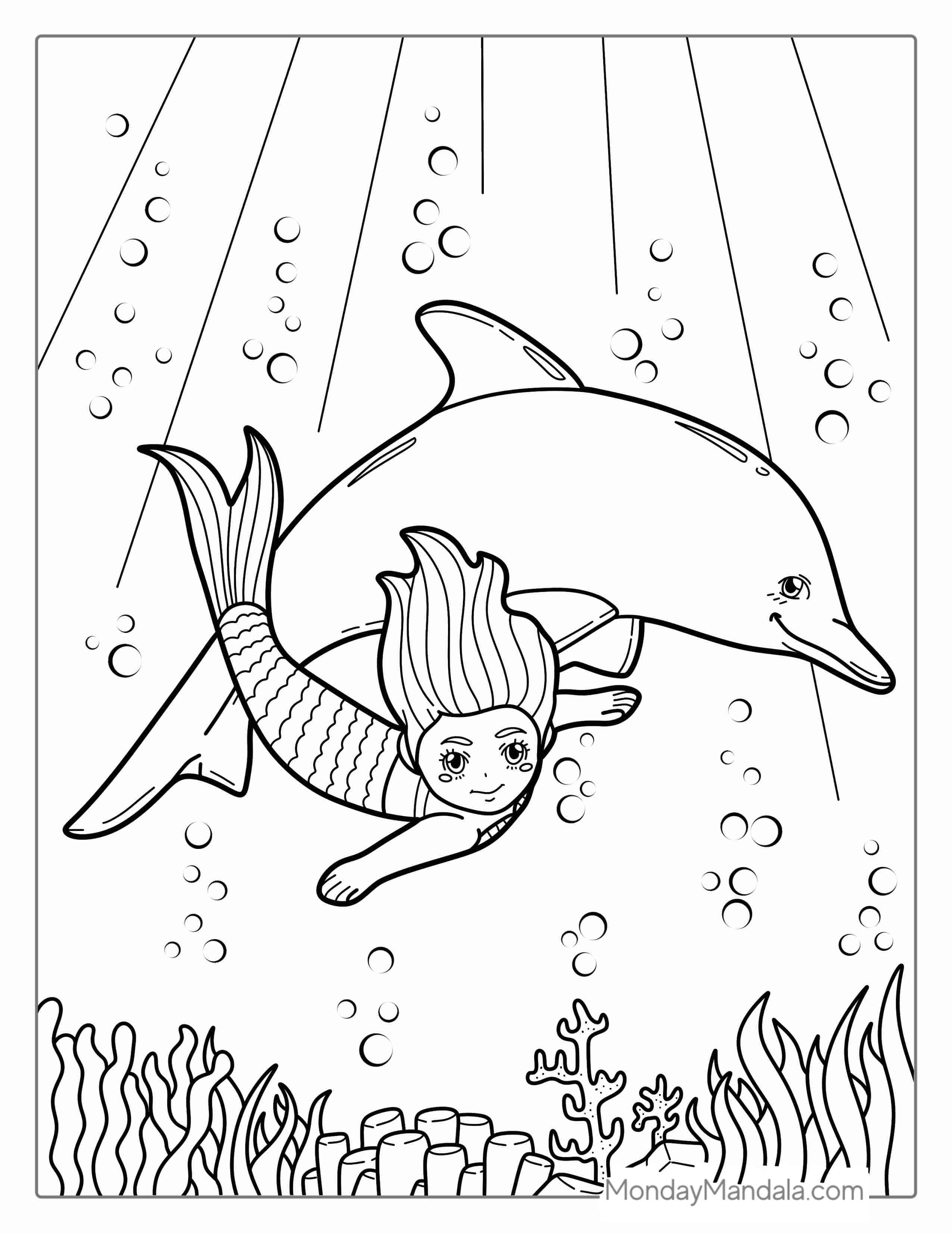 Dolphin And Mermaid Coloring Page For Kids coloring page