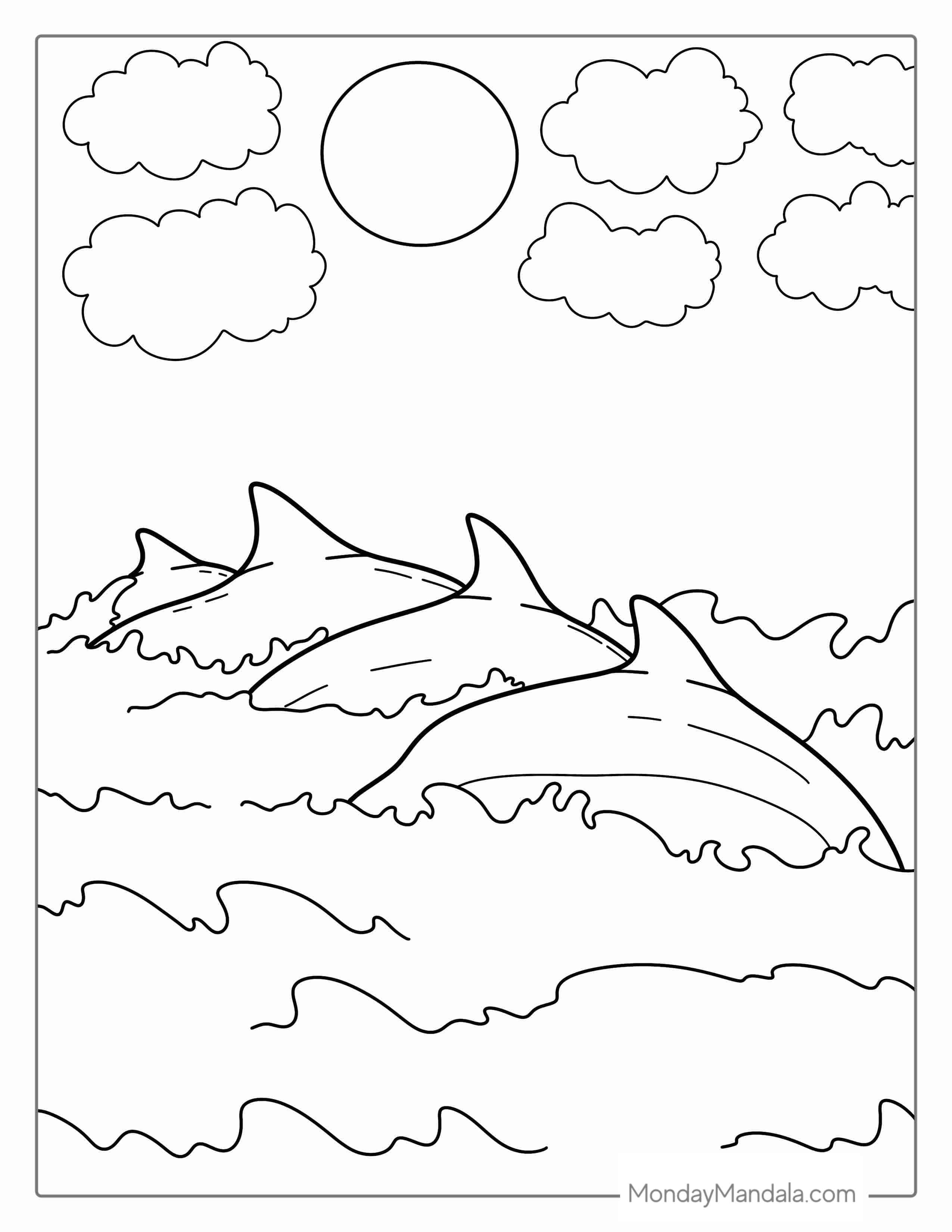 Dolphin Fins Emerging From Ocean coloring page — printable line art