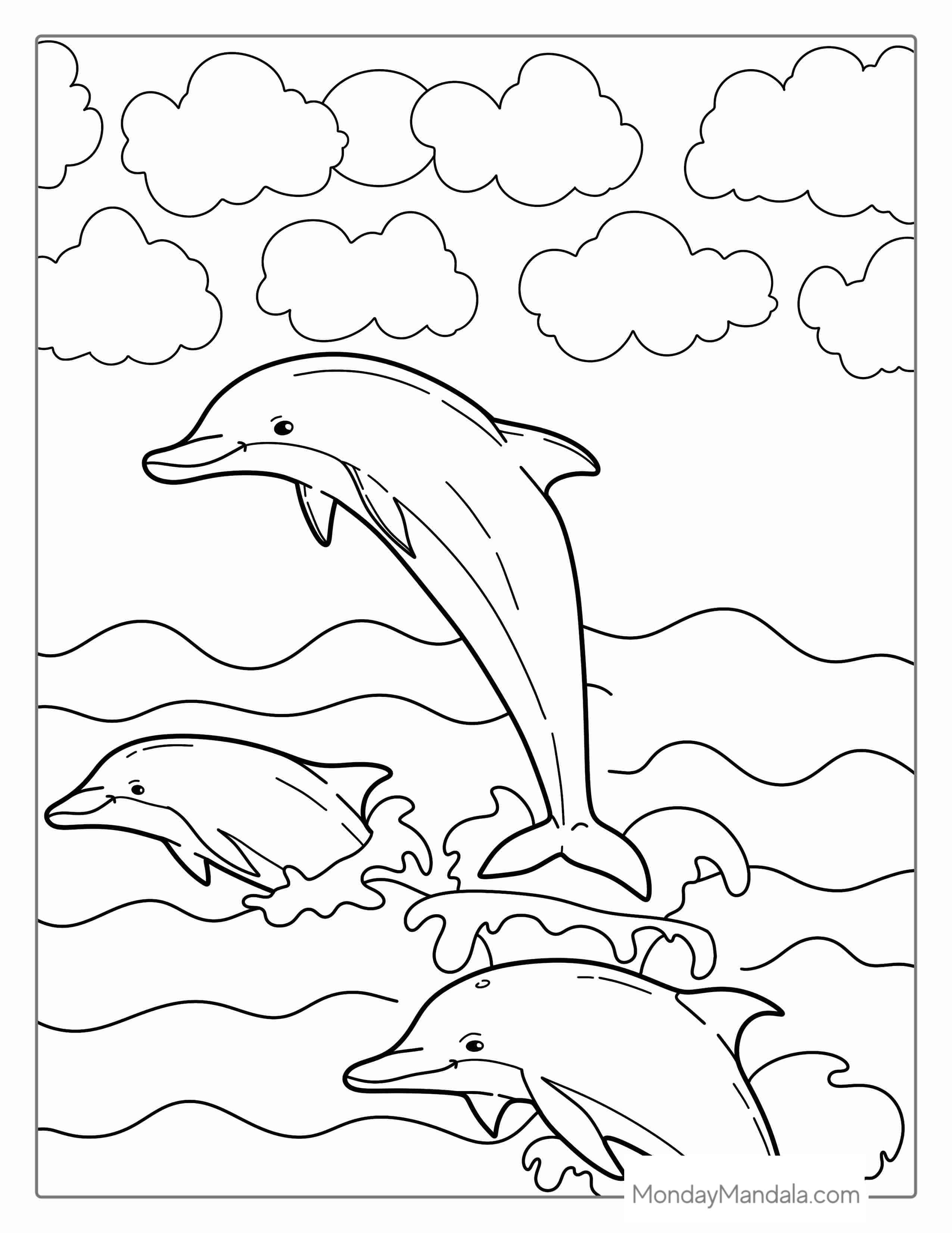Dolphin Jumping Out Of Water To Color coloring page — printable line art