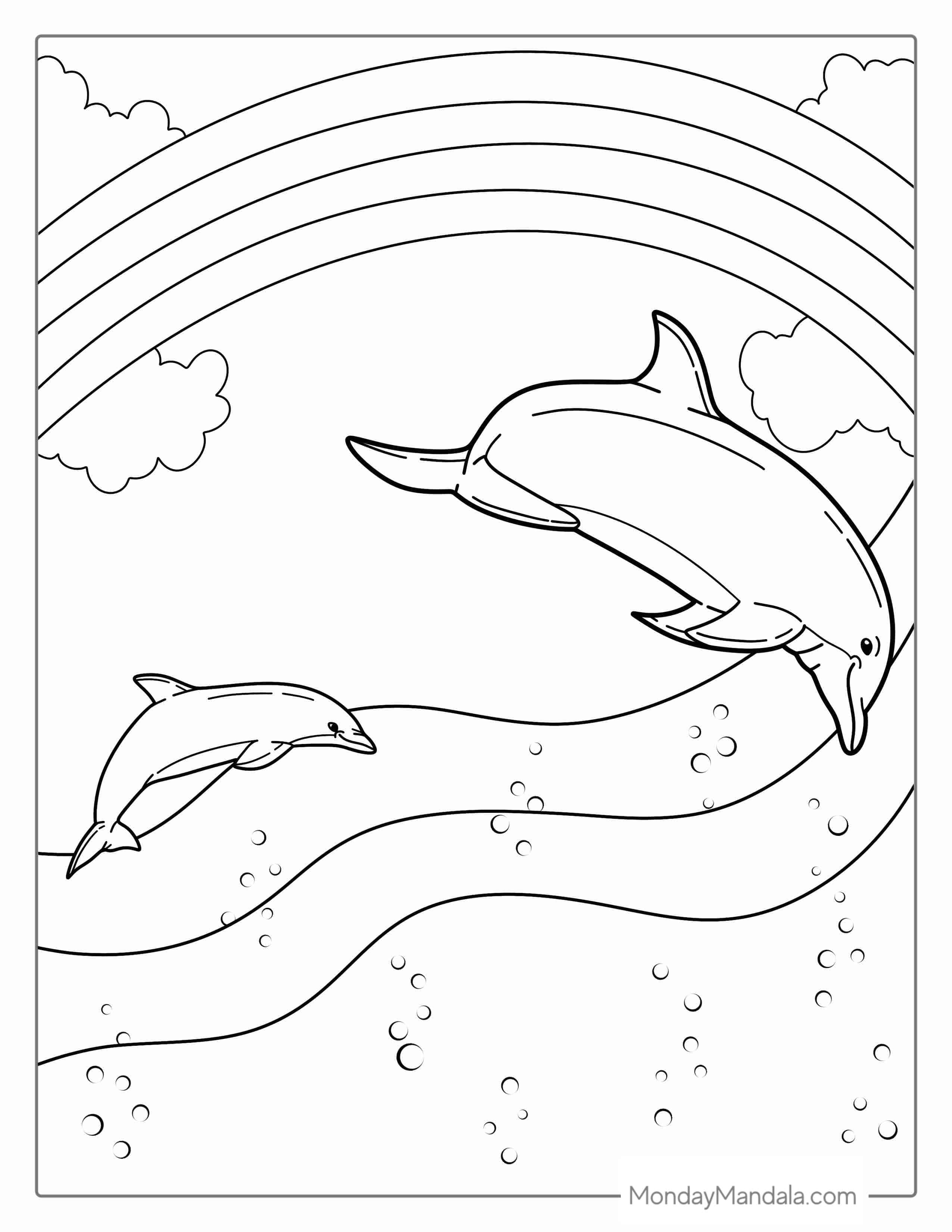Dolphins With Rainbow Coloring Page coloring page — printable line art