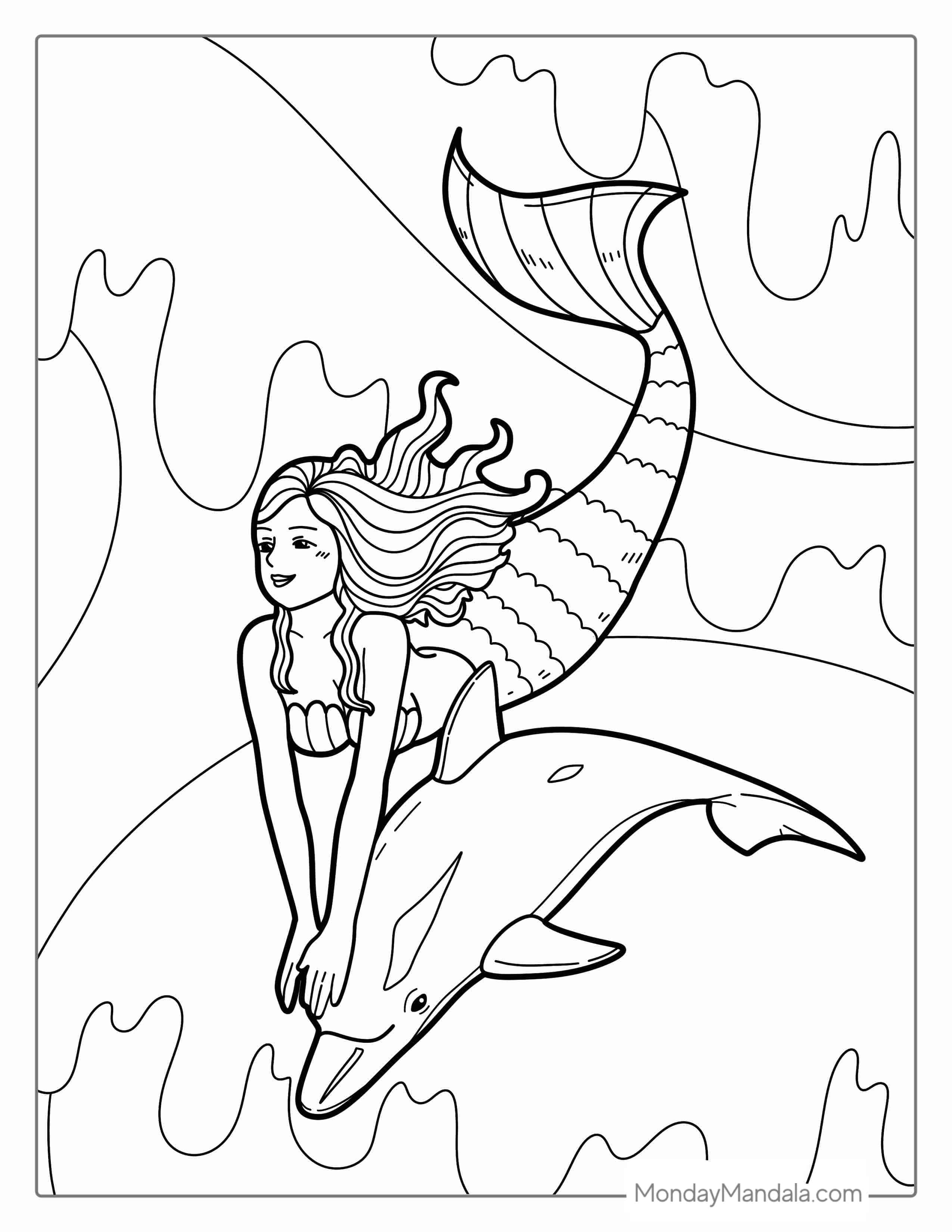 Mermaid And Dolphin Coloring Page coloring page — printable line art