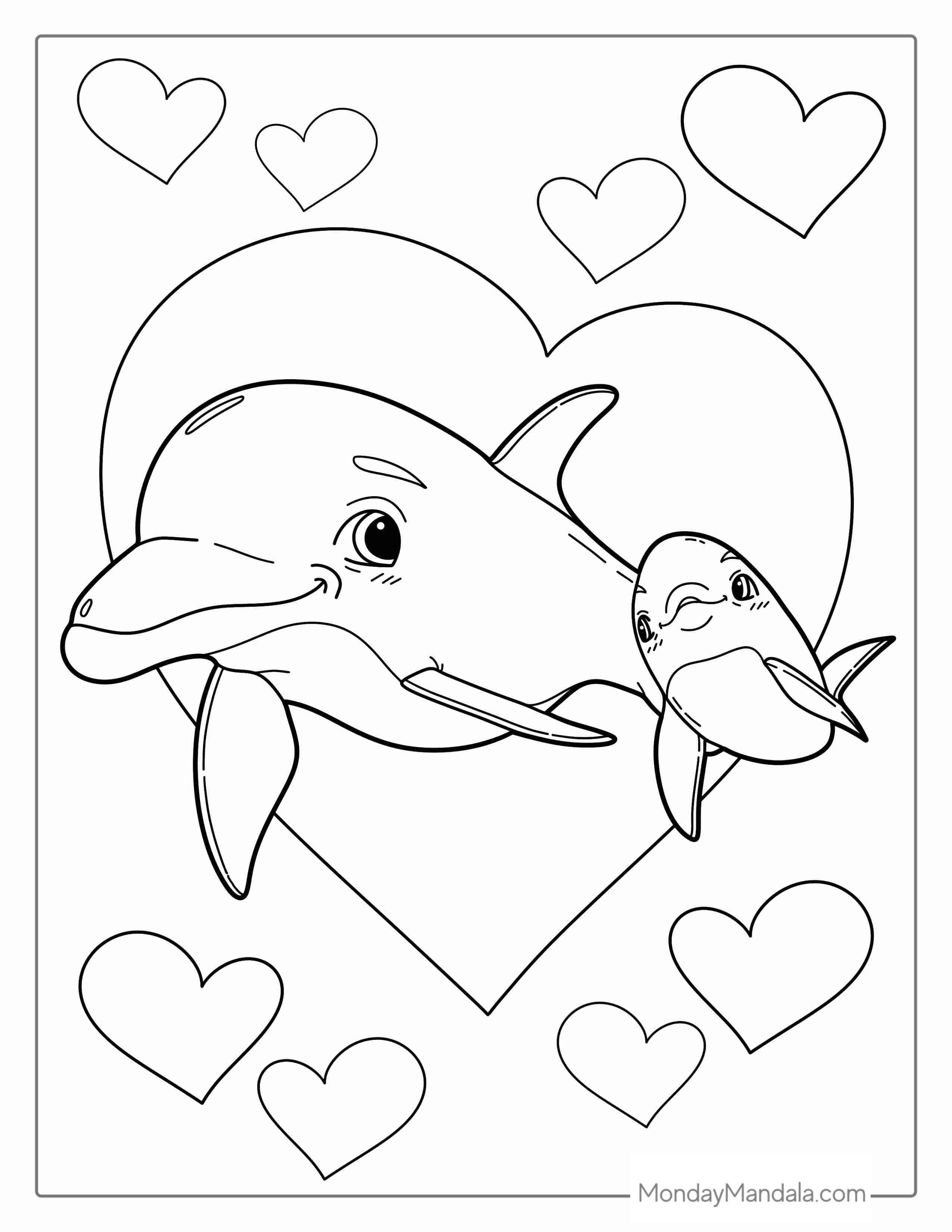 Mother And Baby Dolphin With Love Hearts coloring page — printable line art