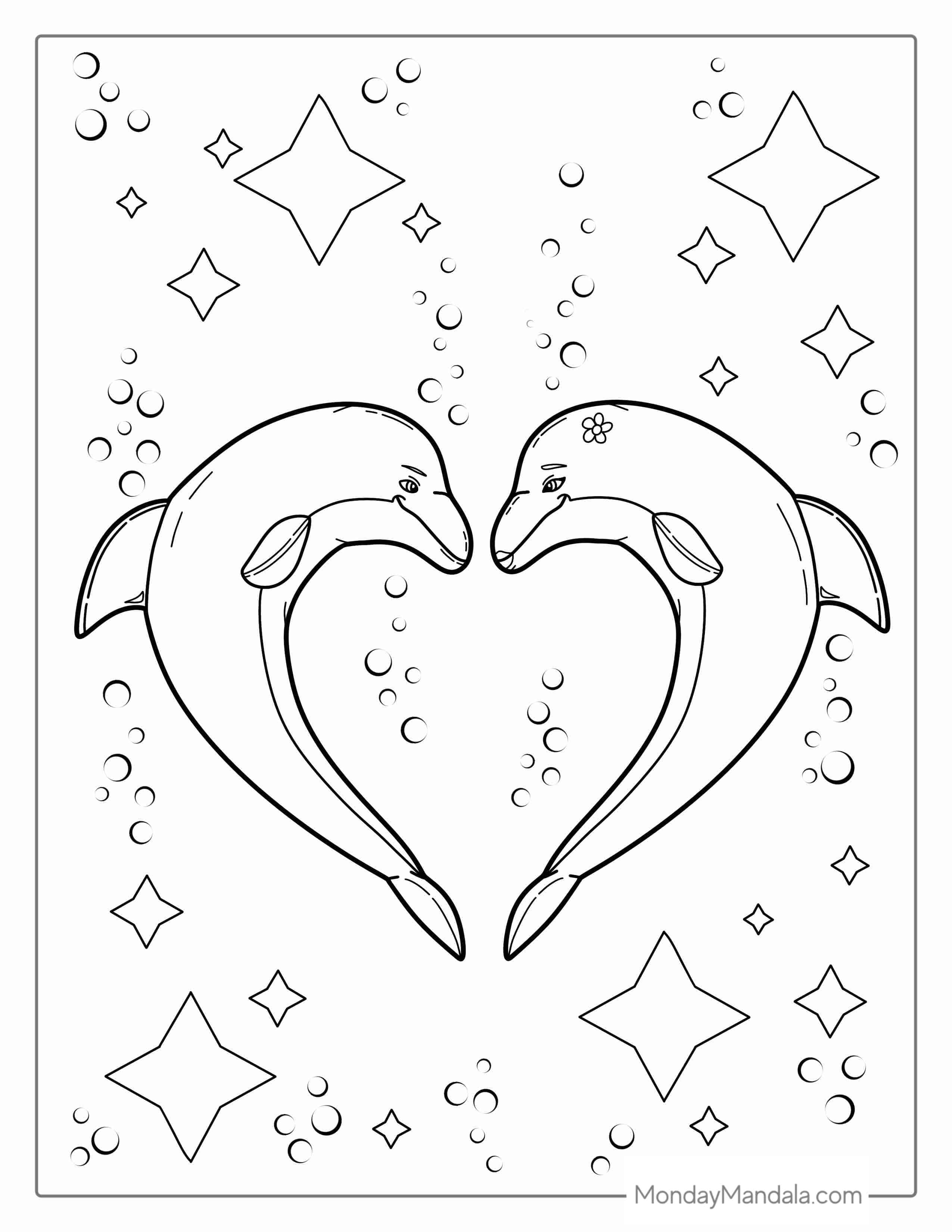 Two Dolphins Shaped In A Love Heart coloring page