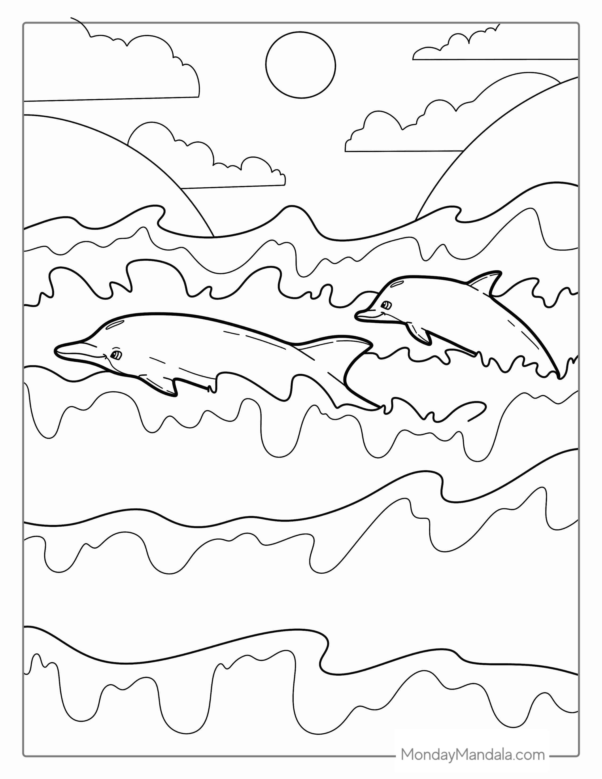 Two Dolphins Swimming In Waves coloring page — printable line art