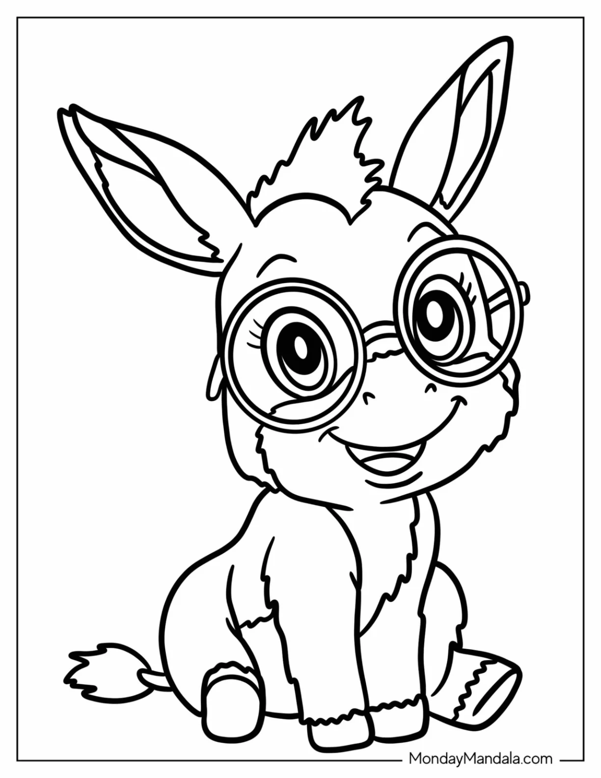Adorable Little Donkey Coloring Page Sitting with Round Spectacles for Preschoolers coloring page