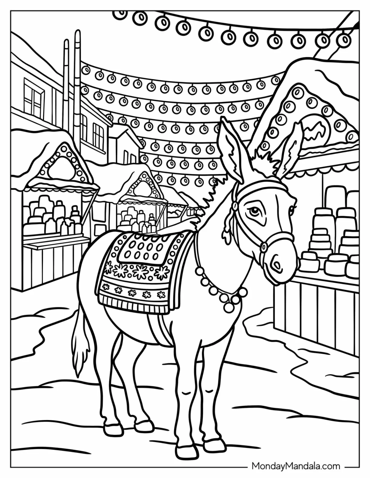 Beautiful Donkey Coloring Page with Ornamental Saddle at the Village Fair coloring page