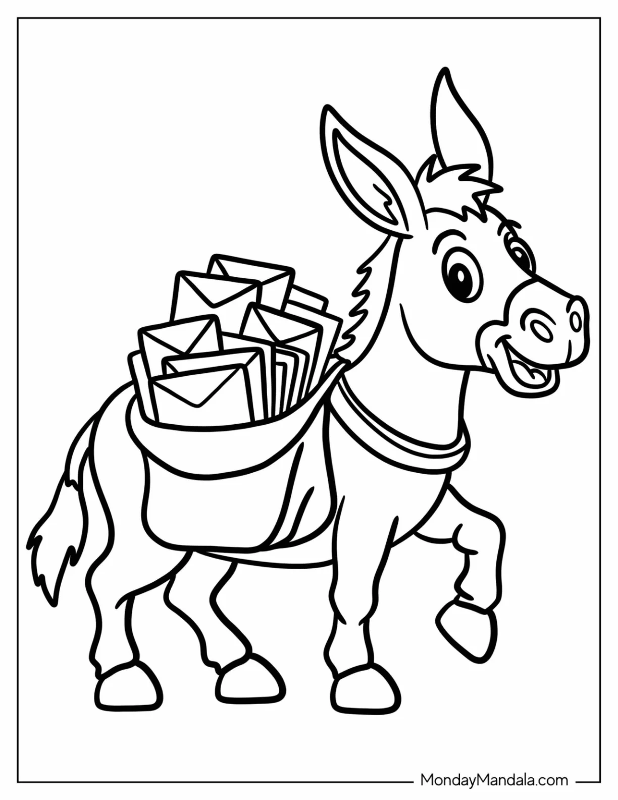 Cheerful Donkey Carrying a Bag Full of Mail Coloring Page for Kids coloring page — printable line art