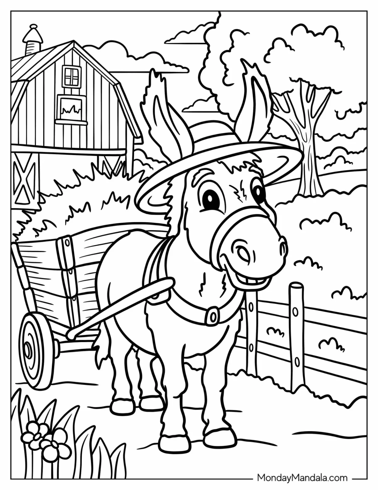 Cheerful Donkey Coloring Page Wearing a Hat and Pulling a Cart by the Barn for Kids coloring page — printable line art