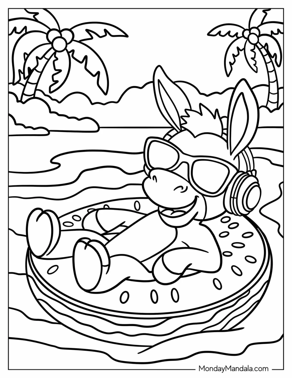 Cool Donkey Coloring Page Relaxing on a Float at the Beach for Kids coloring page