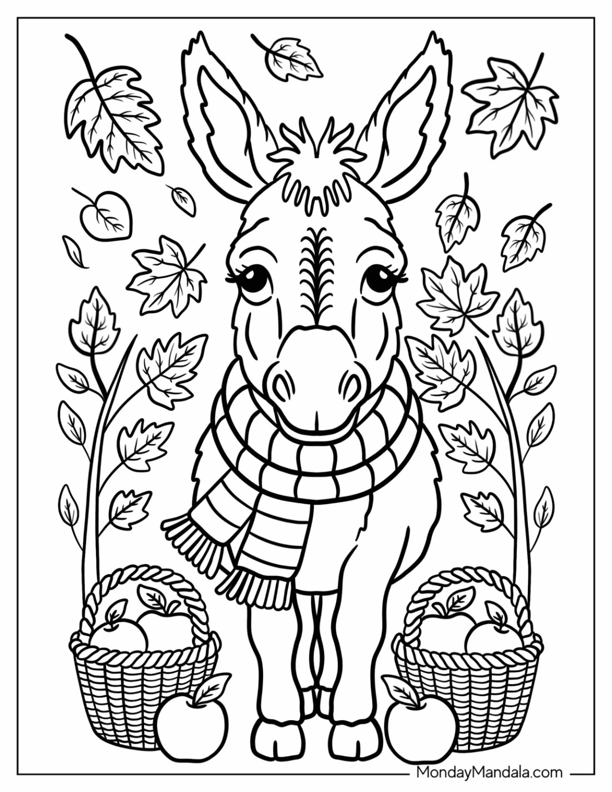 Cozy Donkey Coloring Page with Scarf Standing with Apple Baskets in Fall for Kids coloring page — printable line art