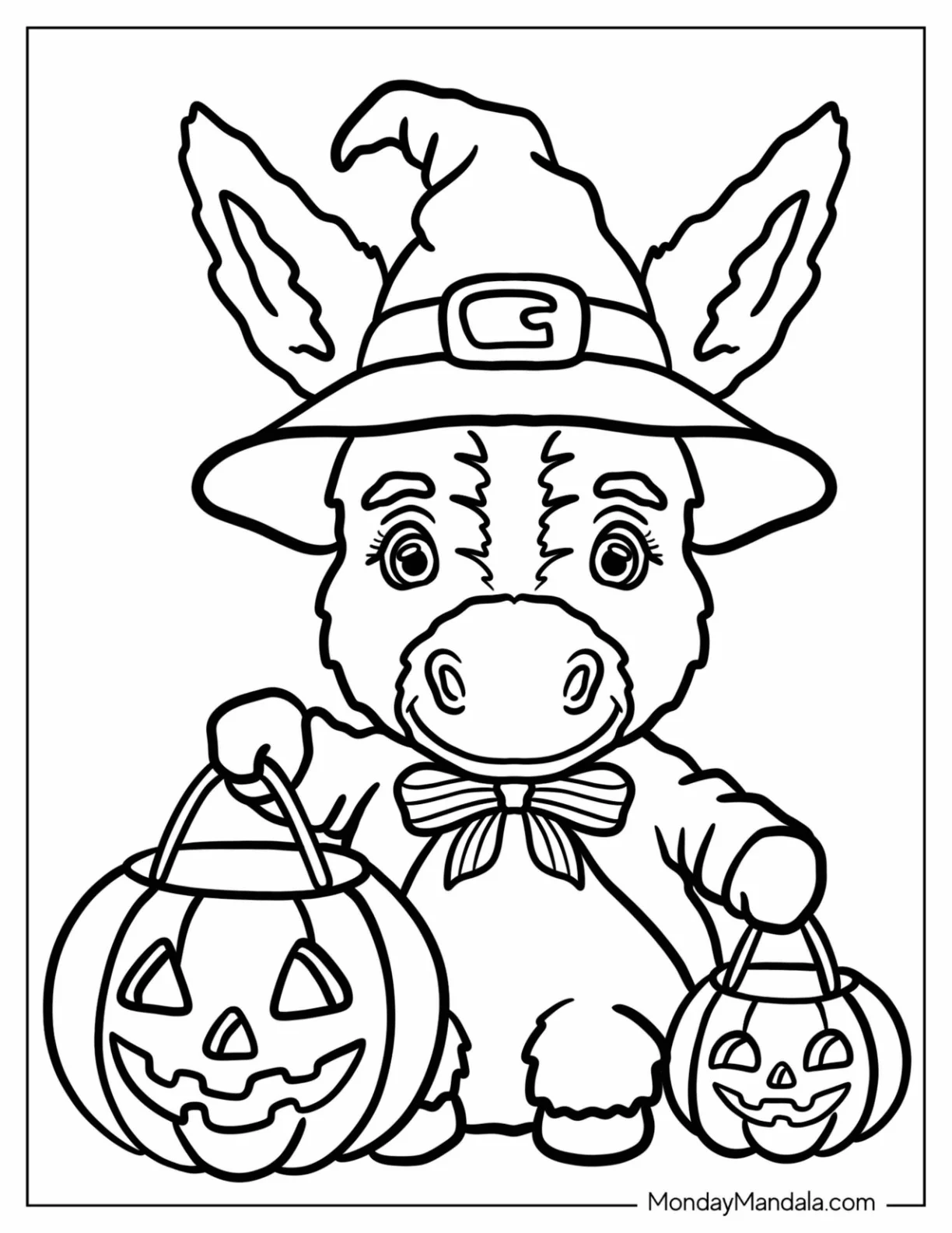 Cute Donkey Coloring Page Dressed as a Witch Holding Pumpkin Buckets for Preschoolers coloring page — printable line art