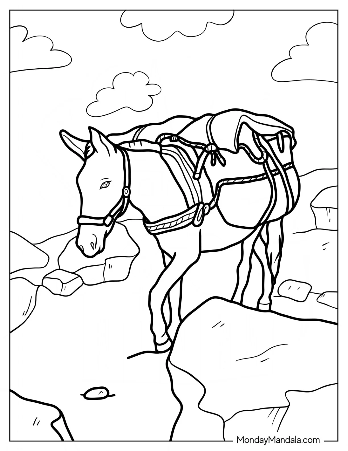 Donkey Coloring Page Carrying Baggage While Traveling coloring page