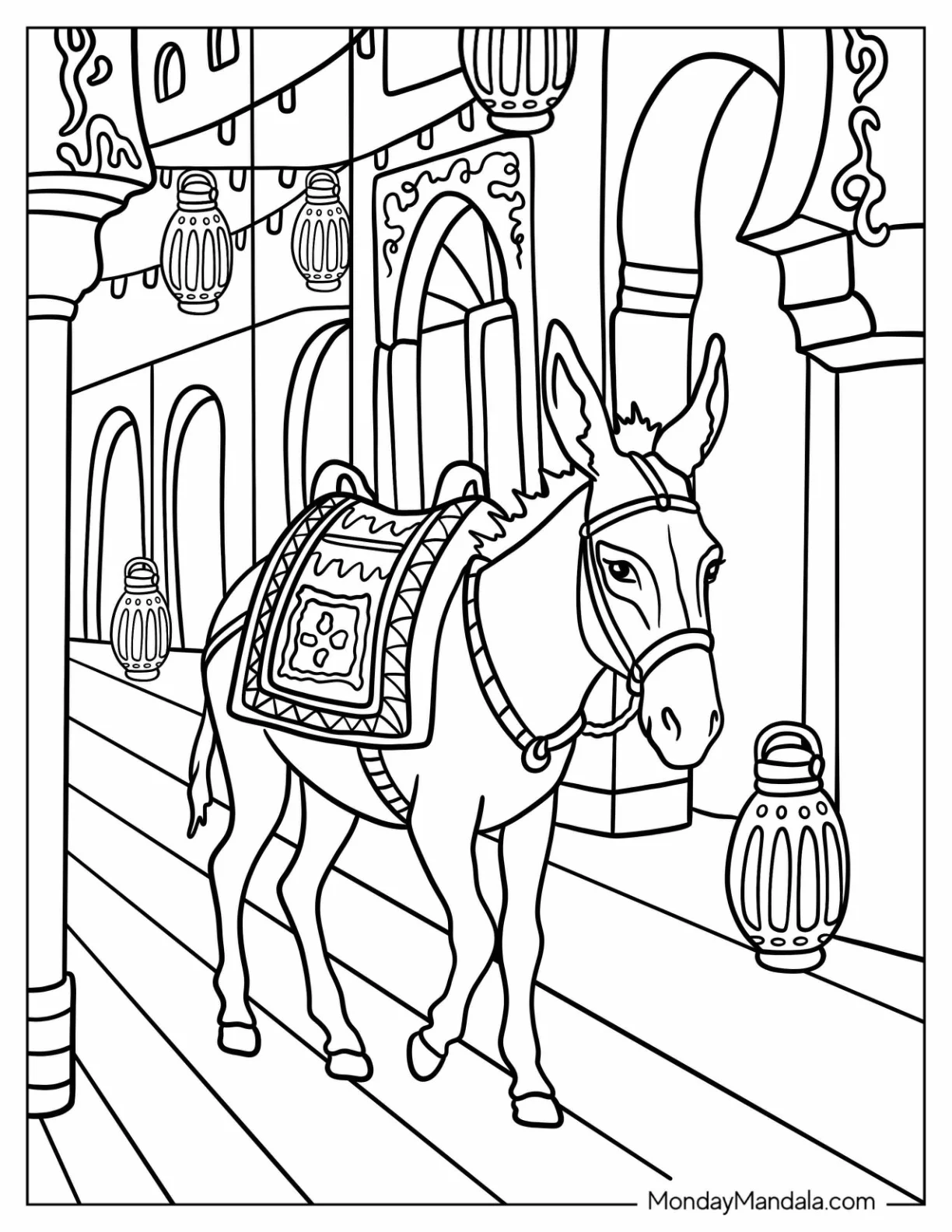 Donkey Coloring Page with Saddle Walking on Street with Hanging Lanterns coloring page — printable line art
