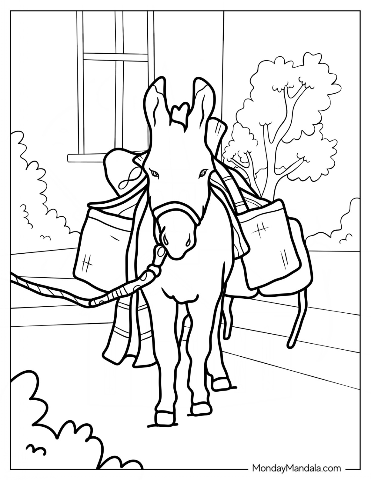 Easy Donkey Coloring Page Carrying Bags Outline For Kids coloring page — printable line art
