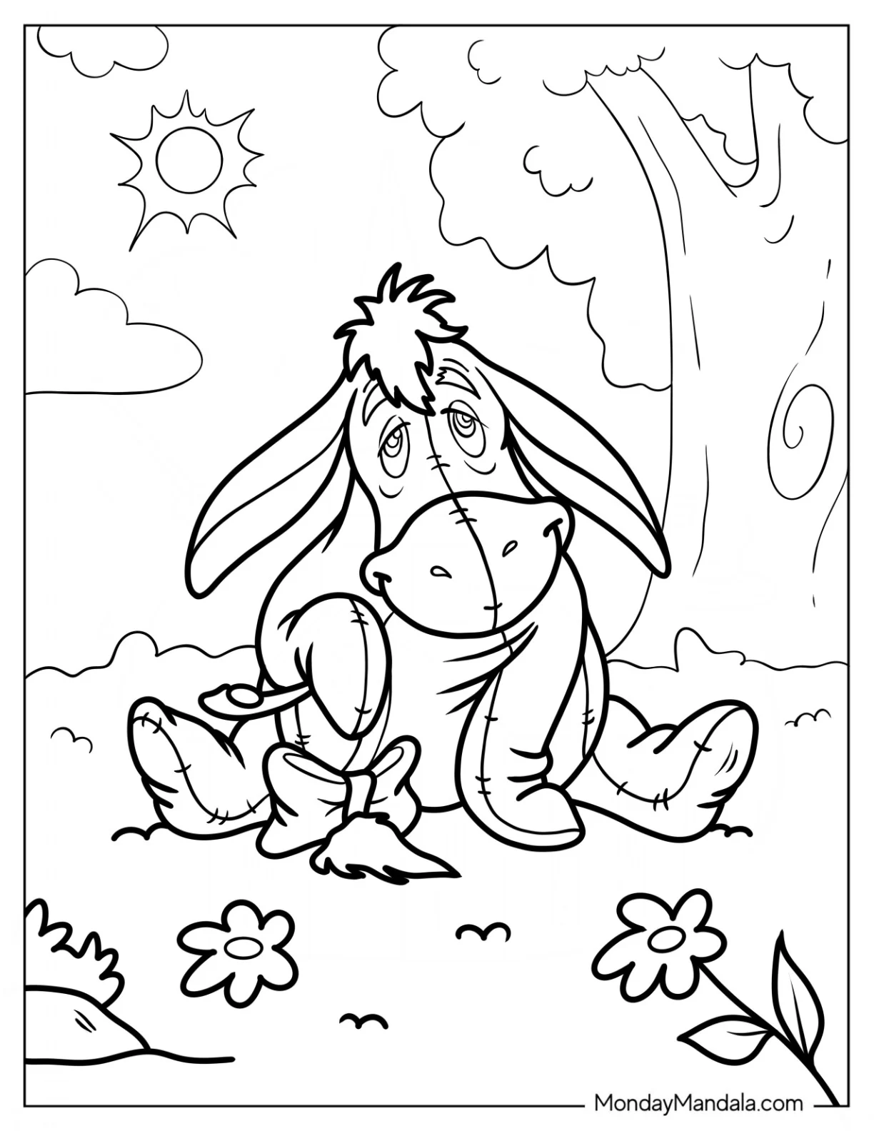 Eeyore Donkey Coloring Page Sitting On A Field coloring page