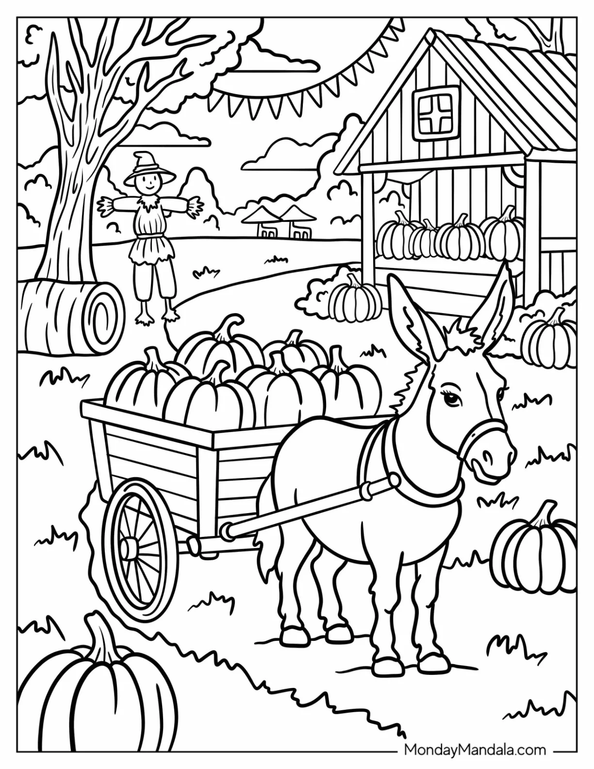 Hardworking Donkey Coloring Page Pulling a Wagon of Pumpkins on the Farm coloring page