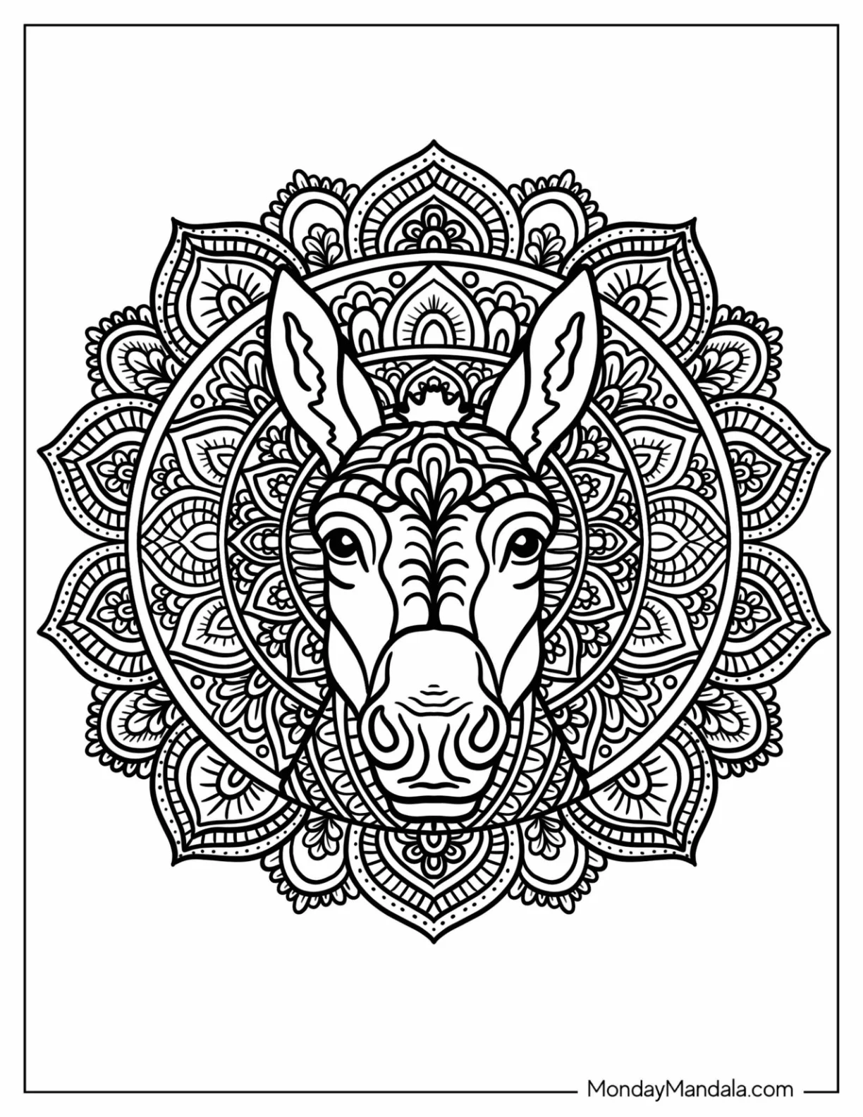 Intricate Donkey Coloring Page Mandala with Ornamental Floral Patterns coloring page — printable line art