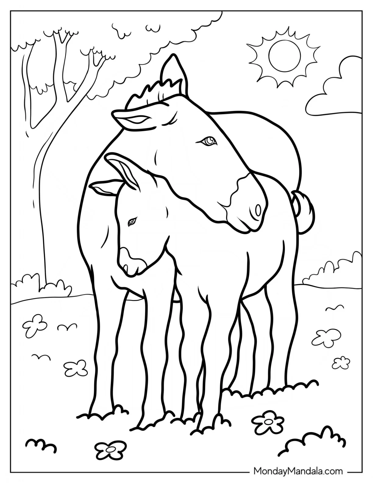 Mama And Baby Donkey Coloring Page Cuddling For Kids coloring page