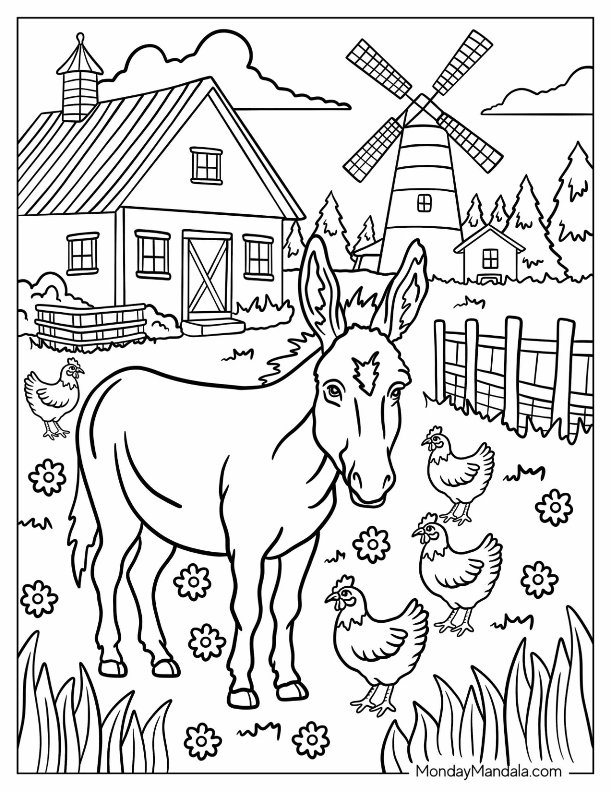Peaceful Donkey Coloring Page by the Barn with a Windmill in the Background coloring page
