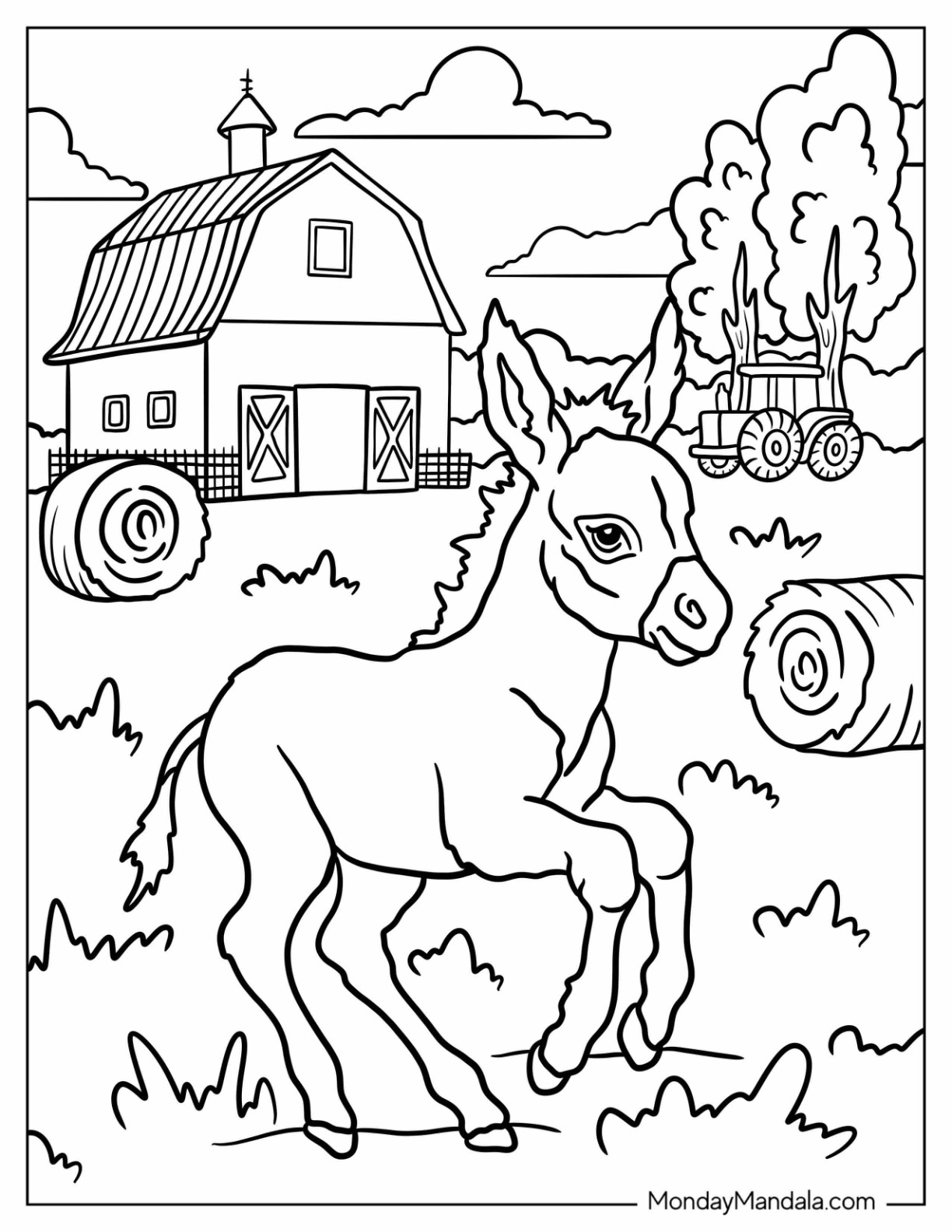 Playful Baby Donkey Coloring Page Trotting Among Hay Bales on the Farm coloring page
